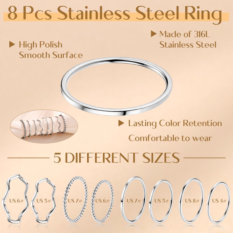 LOYALLOOK 8PCS Silver Stacking Ring Set for Women Dainty Thumb Stackable Rings Stainless Steel Silver Thin Rings Pinky Midi Ring Set - Image 4